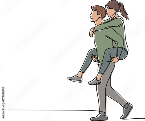 Man Giving Woman a Piggyback Ride in One Line Drawing Keywords: piggyback, ride, couple, man