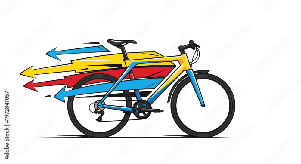 Obraz premium Stylized vector illustration of a fast bicycle with colorful motion speed arrows on white.