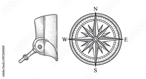 Vintage nautical compass rose and binnacle engraving sketch