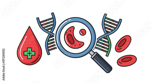 Sickle cell anemia genetic testing illustration with DNA helix and red blood cells