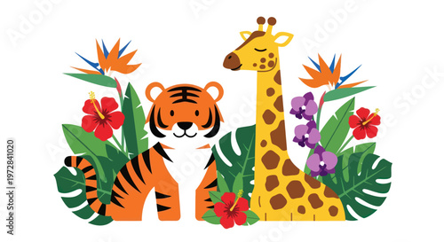 Cute cartoon tiger and giraffe standing together among tropical flowers and jungle leaves