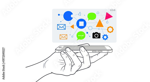 Hand holding a smartphone with a floating digital interface showing communication icons