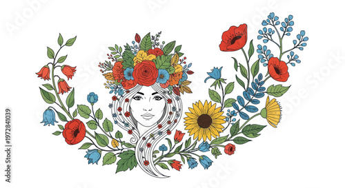 Beautiful woman face with colorful floral crown and botanical wreath illustration