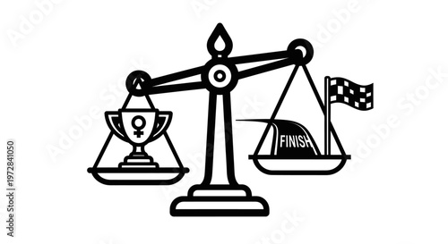 Conceptual icon of a scale balancing a female trophy and a finish line for gender equality sports.