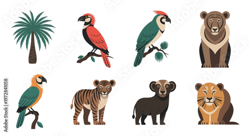 Collection of flat vector illustrations featuring tropical animals and a palm tree