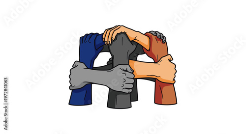 Illustration of diverse hands holding each other's wrists in a circle for unity and teamwork