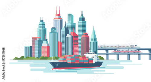Modern city skyline with cargo ship and high-speed train.