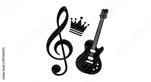 Rock music symbols: guitar, treble clef, and crown