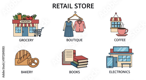Set of retail store icons including grocery, boutique, coffee, bakery, books, and electronics