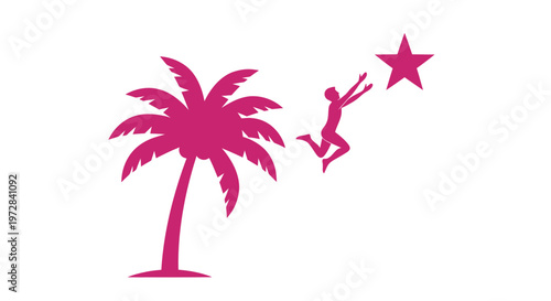 Silhouette of a person jumping to reach a star next to a palm tree.