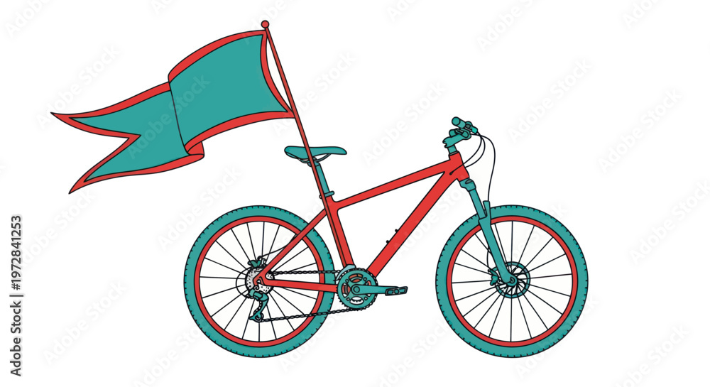 Fototapeta premium Red mountain bike with a decorative flag illustration isolated on white