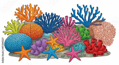 A vibrant cartoon illustration of a colorful coral reef with various marine life.