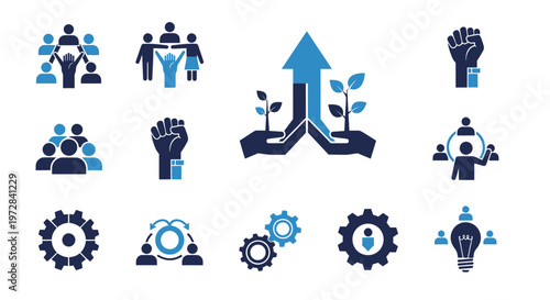 Collection of diverse business, growth, and social justice icons on white background.