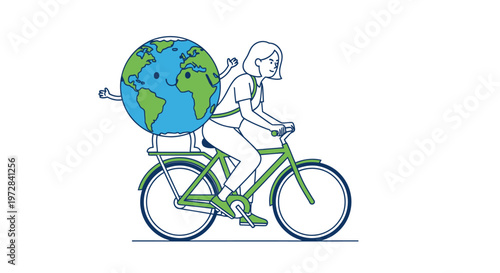 Woman riding a bike with a cartoon Earth globe promoting eco friendly transportation