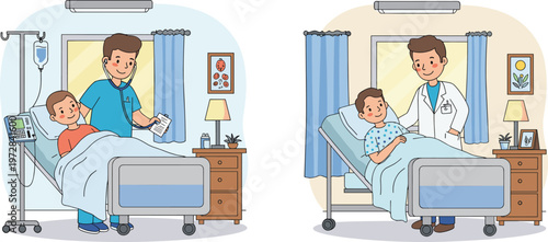 Doctor and nurse checking sick child in hospital room, pediatric patient care, healthcare professionals, child recovery, hospital treatment scene