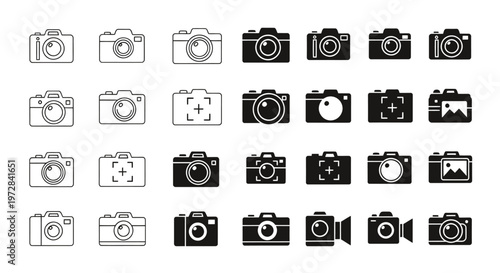 Collection of black and white camera icons and symbols for graphic resources.