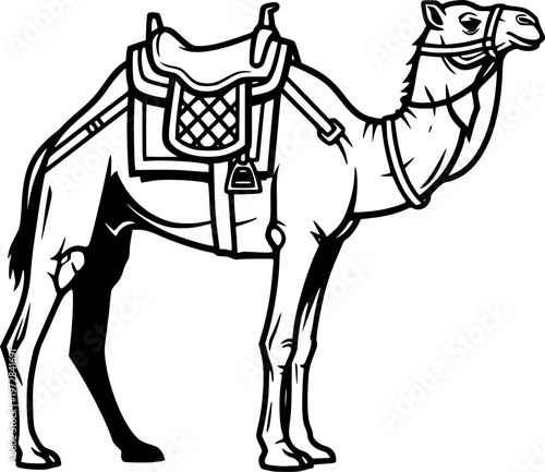 Illustration of a camel with a saddle, a symbol of desert travel and endurance
