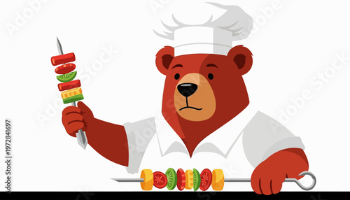 Cartoon bear chef holding a skewer of grilled meat and vegetables, with another skewer on a grill