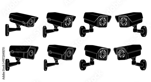 Multiple outdoor surveillance dome cameras arranged in a row for security monitoring.
