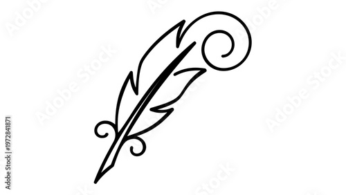 Elegant quill pen vector icon illustration with decorative swirls, minimalist black line art design for literature, writing, and creative arts, scalable AI-generated graphic on white background.