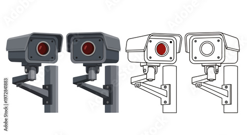 Exterior surveillance cameras mounted on poles for security, monitoring and urban infrastructure.