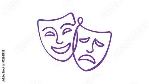 Minimalist continuous line art vector illustration of comedy and tragedy theater masks with a blue and purple gradient, perfect for drama, acting, performance, and creative arts concepts.