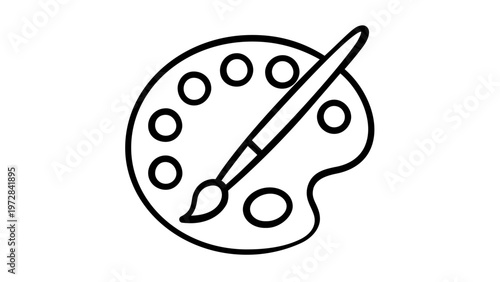 Minimalist painter's palette and paintbrush vector icon illustration. Professional black and white line art design for art, creativity, hobbies, and fine arts. Scalable flat graphic element.