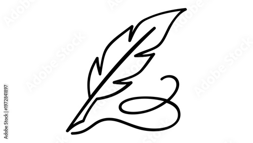 Elegant minimalist quill pen vector illustration featuring a decorative flourish swirl. This black line art icon represents literature, poetry, creative writing, and historical calligraphy.