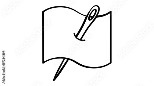 Minimalist black and white vector icon illustration of a sewing needle piercing through a piece of fabric or cloth, ideal for tailoring, embroidery, textile craft, and DIY handmade fashion design.