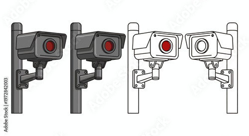 Twin traffic surveillance cameras mounted on poles in urban setting.