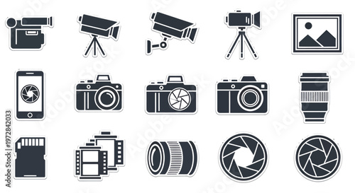 Collection of photography equipment and camera gear icons for design and mockups.