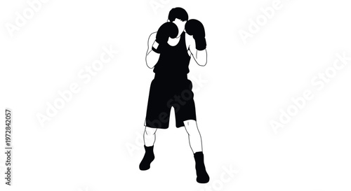 Boxer silhouette in fighting stance, black and white, dynamic pose, isolated on white