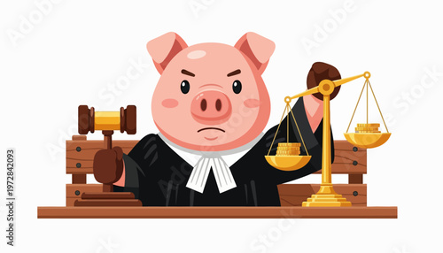 Furious pig judge wearing a wig and robes slams gavel and holds scales of justice, symbolizing fairness and legal judgment