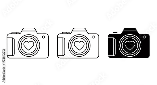 Three Silhouetted Camera Icons in Monochrome: Outline, Filled and Vector Set.