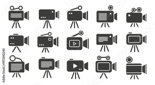 Collection of vintage style video camera icons arranged in a grid for graphic resources.