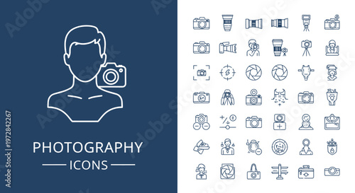 Collection of blue photography icons in a grid layout.