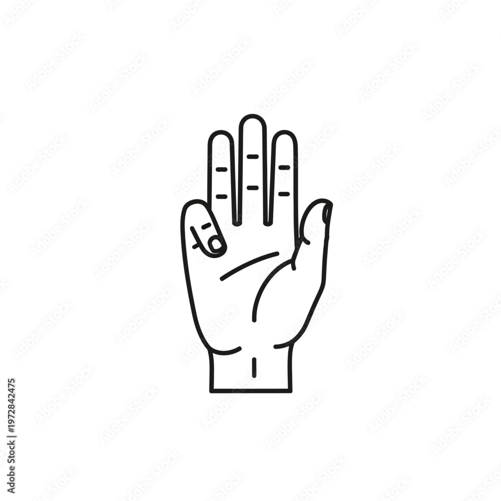 Fototapeta premium Open hand with fingers spread, symbolizing communication, stop, or a greeting gesture, presented in a simple line art illustration