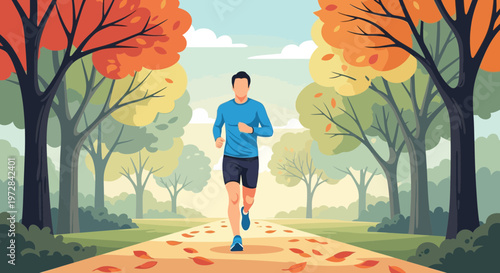 Man jogging on a park path surrounded by autumn trees and falling leaves