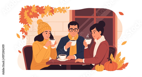 Three friends enjoying hot coffee together at a cafe table during autumn season