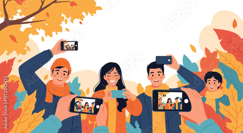 Group of happy friends taking photos together outdoors in autumn