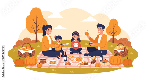 A happy family enjoys an autumn picnic with food and pumpkins in a park setting