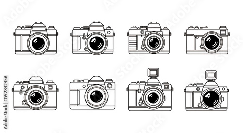 Collection of lined camera icons in a grid for graphic design projects.