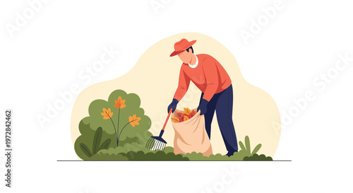 Man in hat and sweater raking colorful autumn leaves into a bag in garden