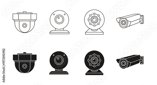 Multiple surveillance cameras including dome, bullet, and PTZ models for security monitoring in various angles.