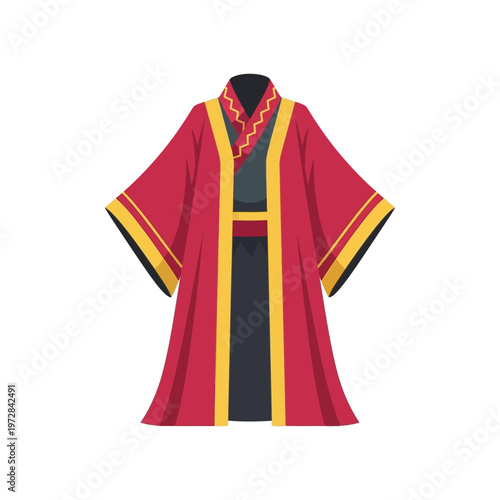 Flat color illustration of a red and yellow traditional robe with black trim, representing cultural attire or ceremonial garment
