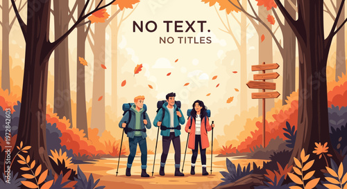 Three friends hiking together in a beautiful autumn forest with colorful trees and leaves falling