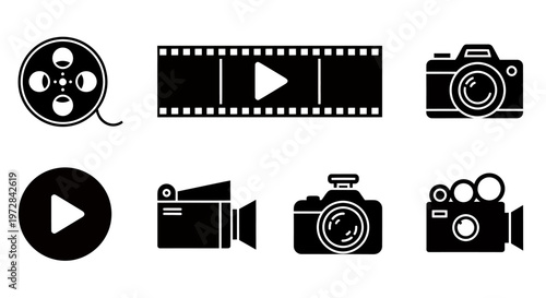 Set of film and photography icons including camera, video, play controls and reels for media design.