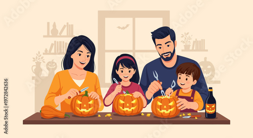 A happy family carving pumpkins together for Halloween in a cozy indoor setting