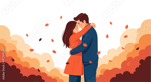 A loving couple embraces outdoors surrounded by falling autumn leaves, depicting a heartwarming seasonal moment.