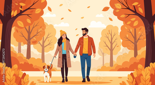 A couple and their dog enjoy a leisurely autumn walk in a vibrant park with falling leaves